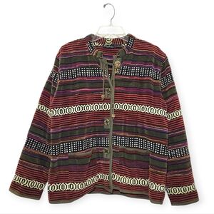 RETRO Vintage Aztec Boho Button Front Multicolor Striped Woven Cotton Jacket M